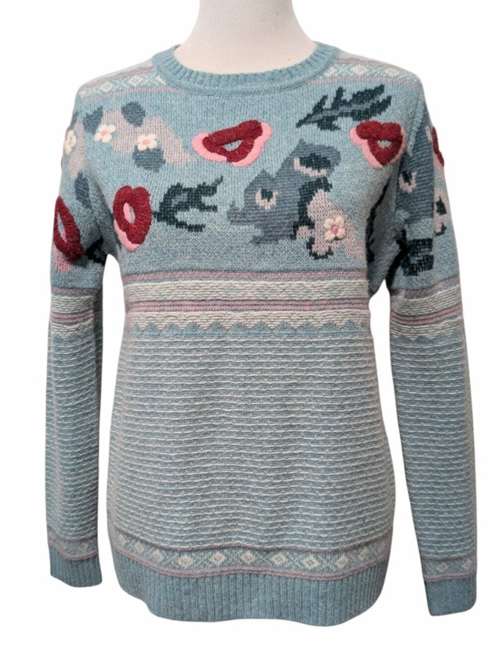 Sundance Womens Sz XS Aqua Bold Botanic Embroidered Wool Blend Pullover Sweater